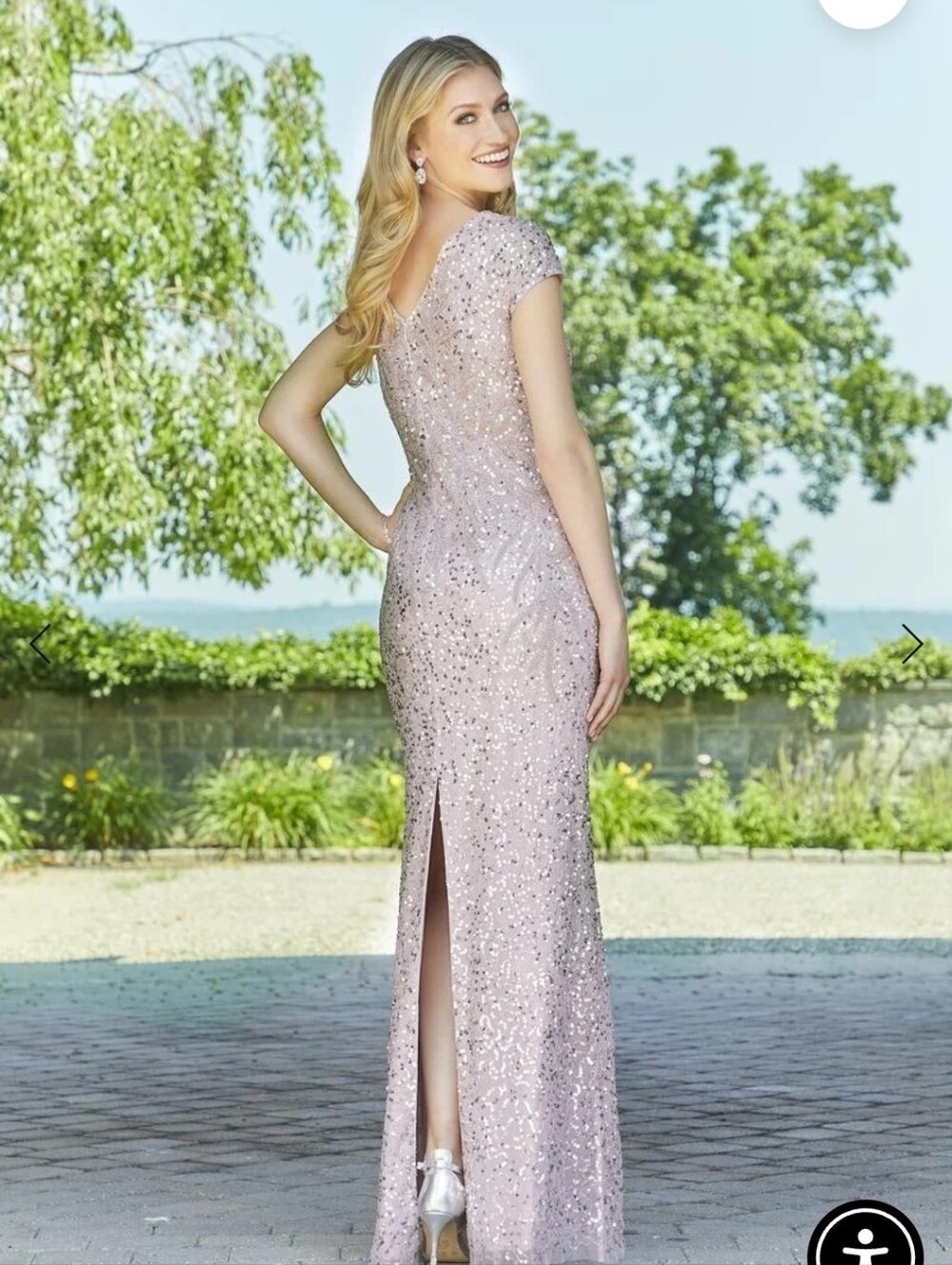 MGNY by Morilee 72523 Dusty Rose Fully Beaded Rose Gold Glass Evening Gown 6 NWT